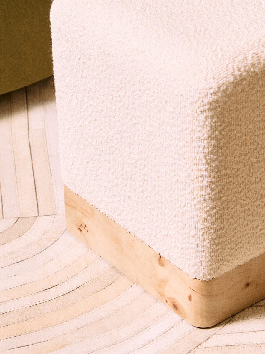 Hamilton Interiors Living Mota Burl Wood And Cream Boucle Sqaure Stool House of Isabella UK