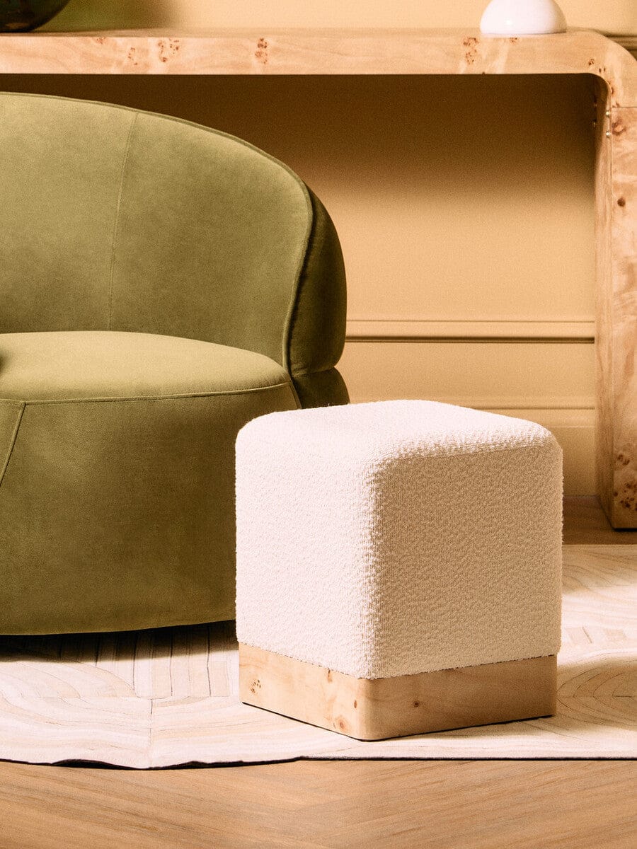 Hamilton Interiors Living Mota Burl Wood And Cream Boucle Sqaure Stool House of Isabella UK