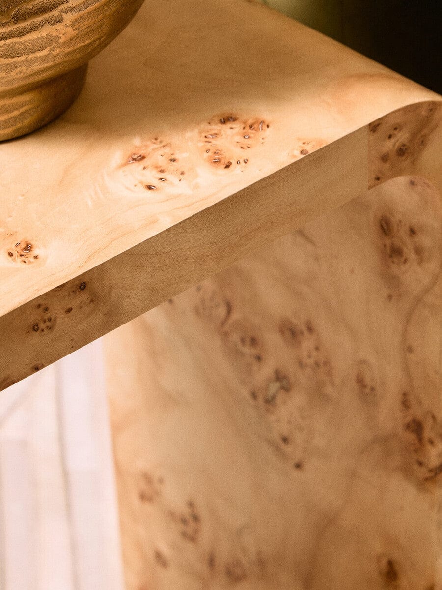 Hamilton Interiors Living Mota Burl Wood Design Curved Side Table House of Isabella UK