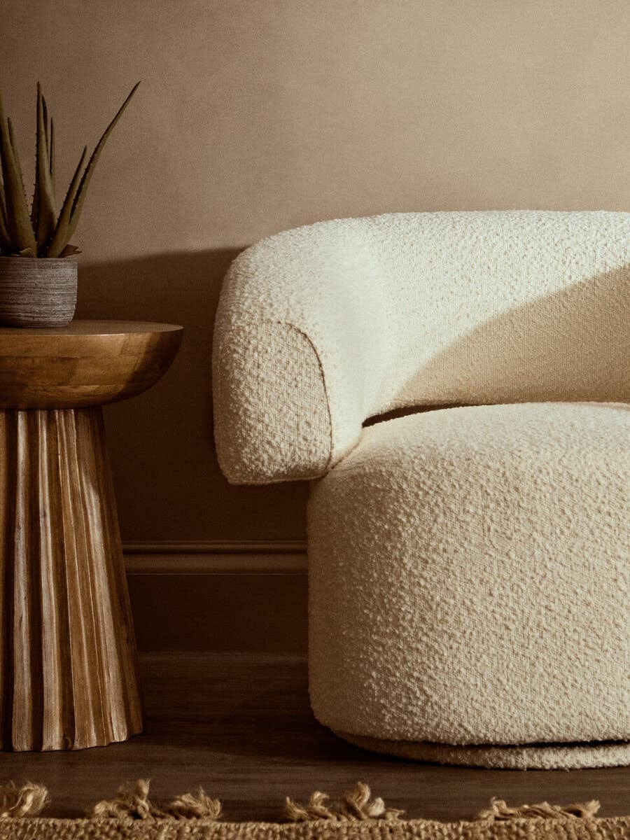 Hamilton Interiors Living Oliveto Ivory Boucle Curved Swivel Armchair House of Isabella UK
