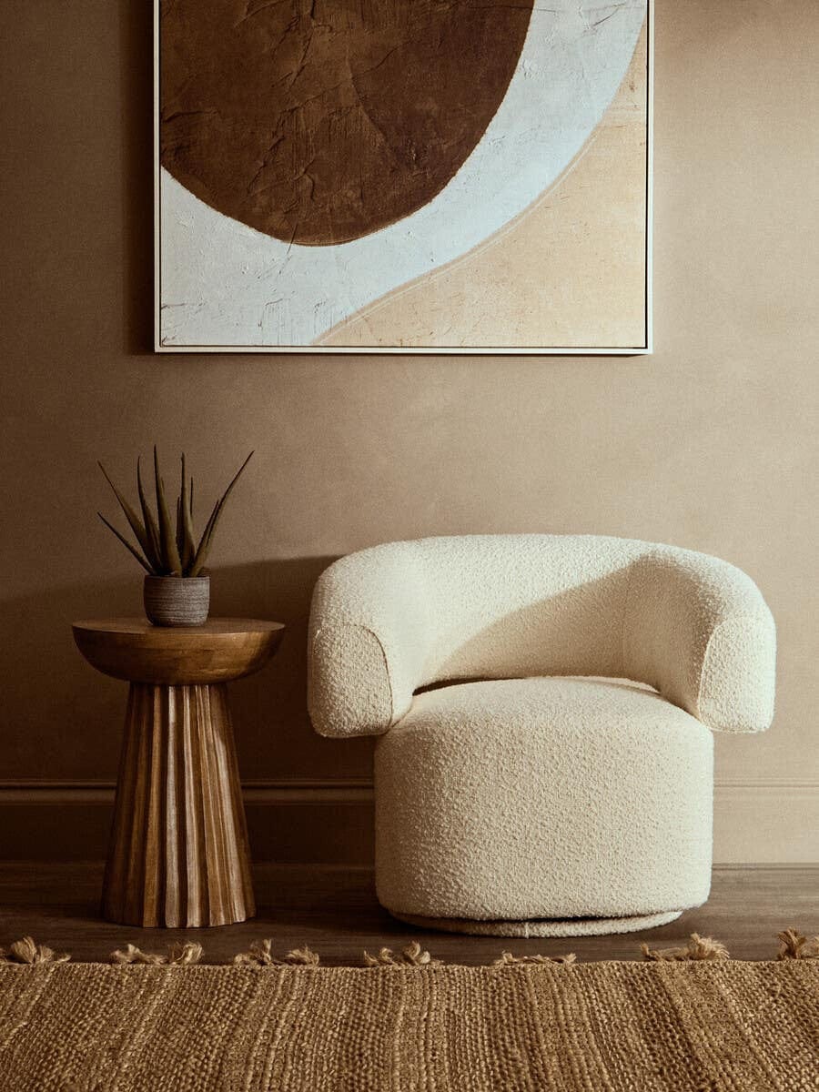 Hamilton Interiors Living Oliveto Ivory Boucle Curved Swivel Armchair House of Isabella UK
