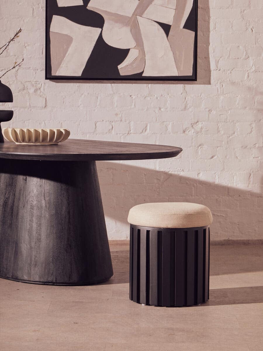 Hamilton Interiors Living Perdoba Black Mango Wood and Cream Linen Stool House of Isabella UK