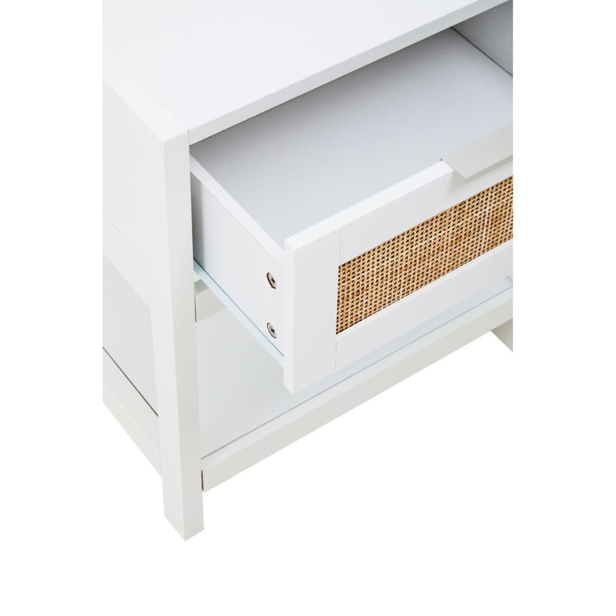 Hamilton Interiors Living Sherman White Wood and Rattan One Drawer Side Table House of Isabella UK
