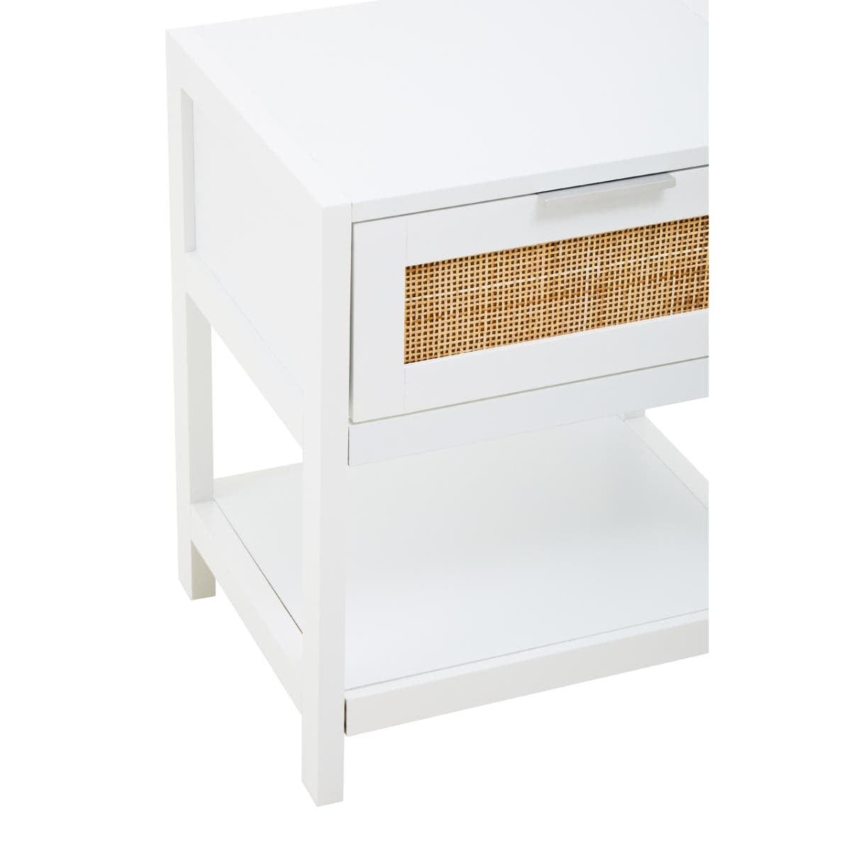 Hamilton Interiors Living Sherman White Wood and Rattan One Drawer Side Table House of Isabella UK