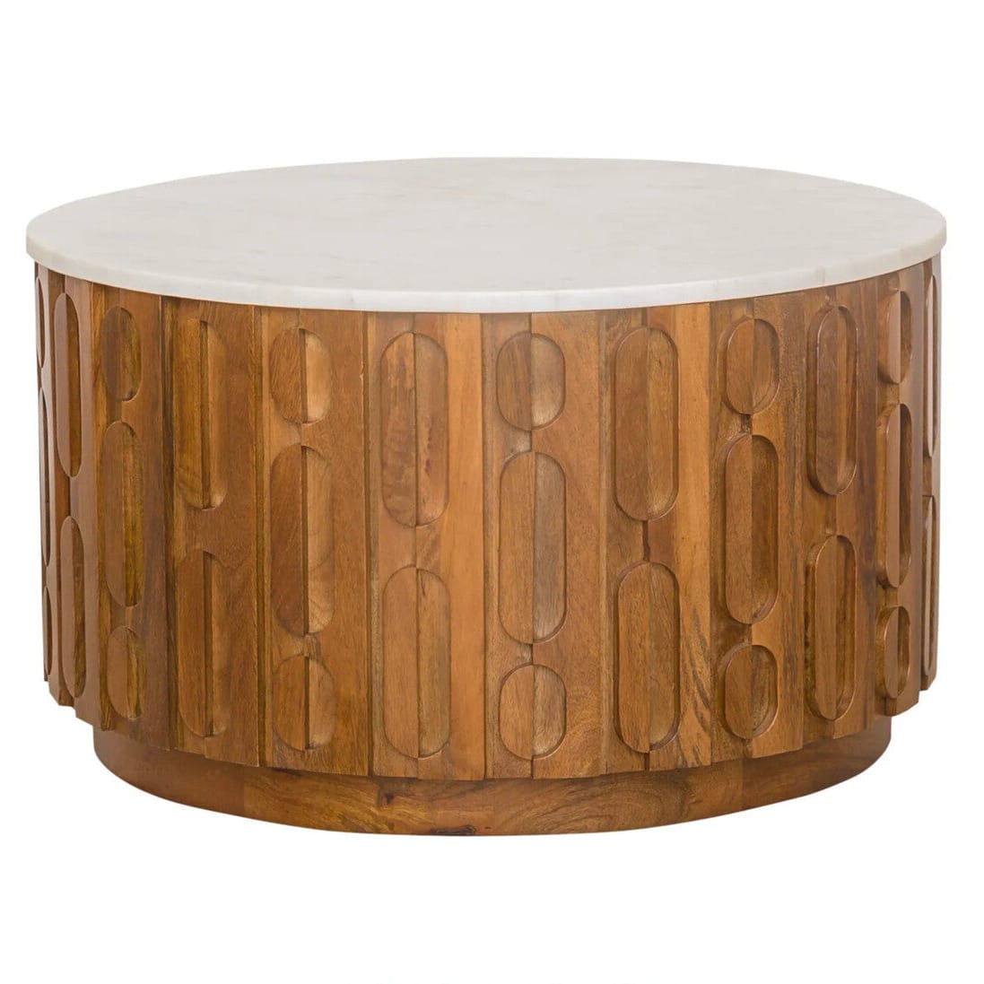 Hamilton Interiors Living Torcino Marble and Crarved Mango Wood Round Coffee Table House of Isabella UK