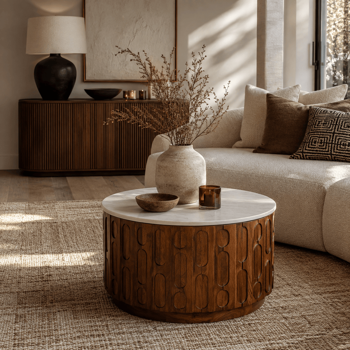 Hamilton Interiors Living Torcino Marble and Crarved Mango Wood Round Coffee Table House of Isabella UK