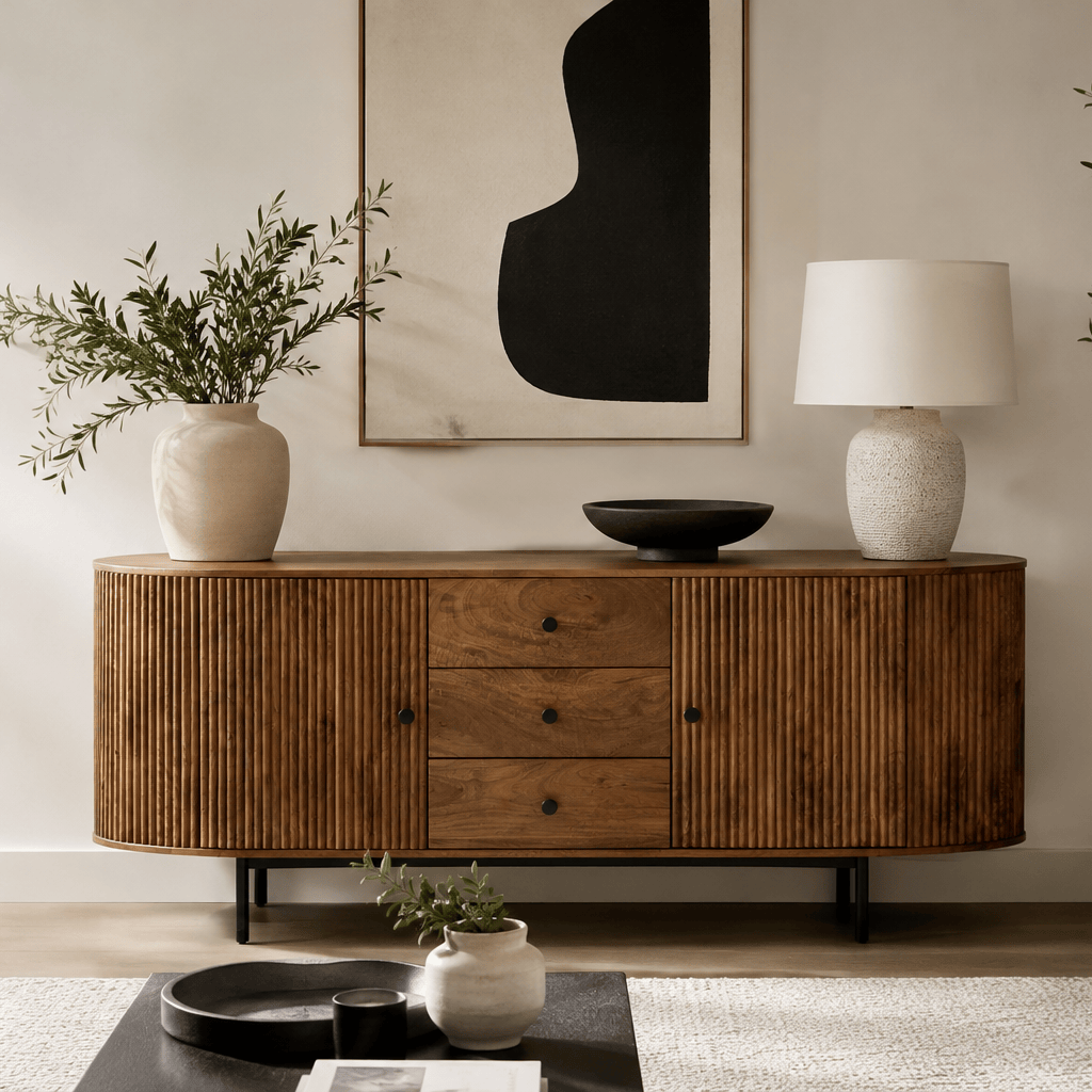 Hamilton Interiors Living Torello Two Door Three Drawer Mango Wood Oval Sideboard House of Isabella UK