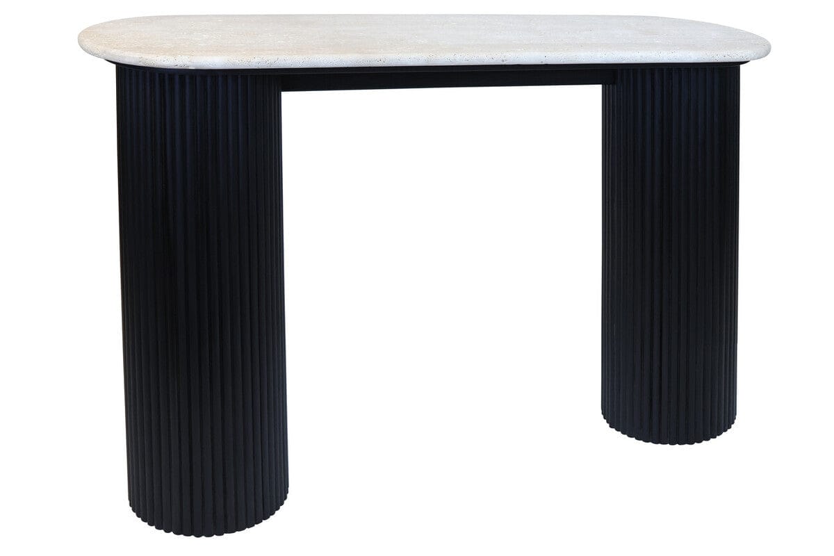 Hamilton Interiors Living Walton Travertine Top Console Table with Black Acacia Wood Legs House of Isabella UK
