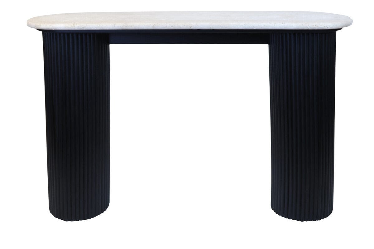 Hamilton Interiors Living Walton Travertine Top Console Table with Black Acacia Wood Legs House of Isabella UK
