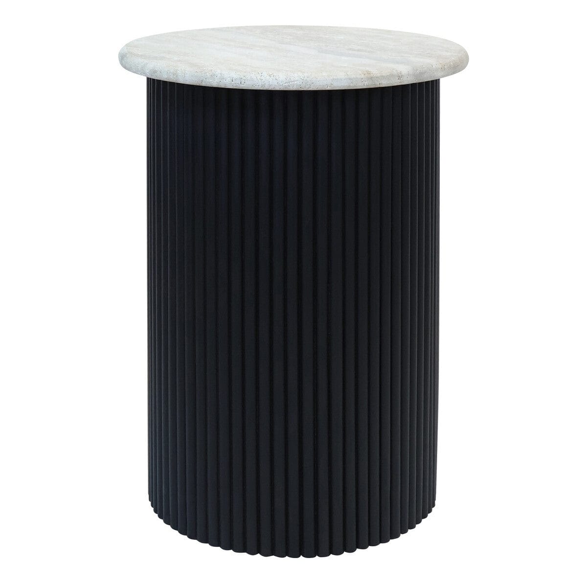 Hamilton Interiors Living Walton Travertine Top Side Table with Black Acacia Wood Base House of Isabella UK