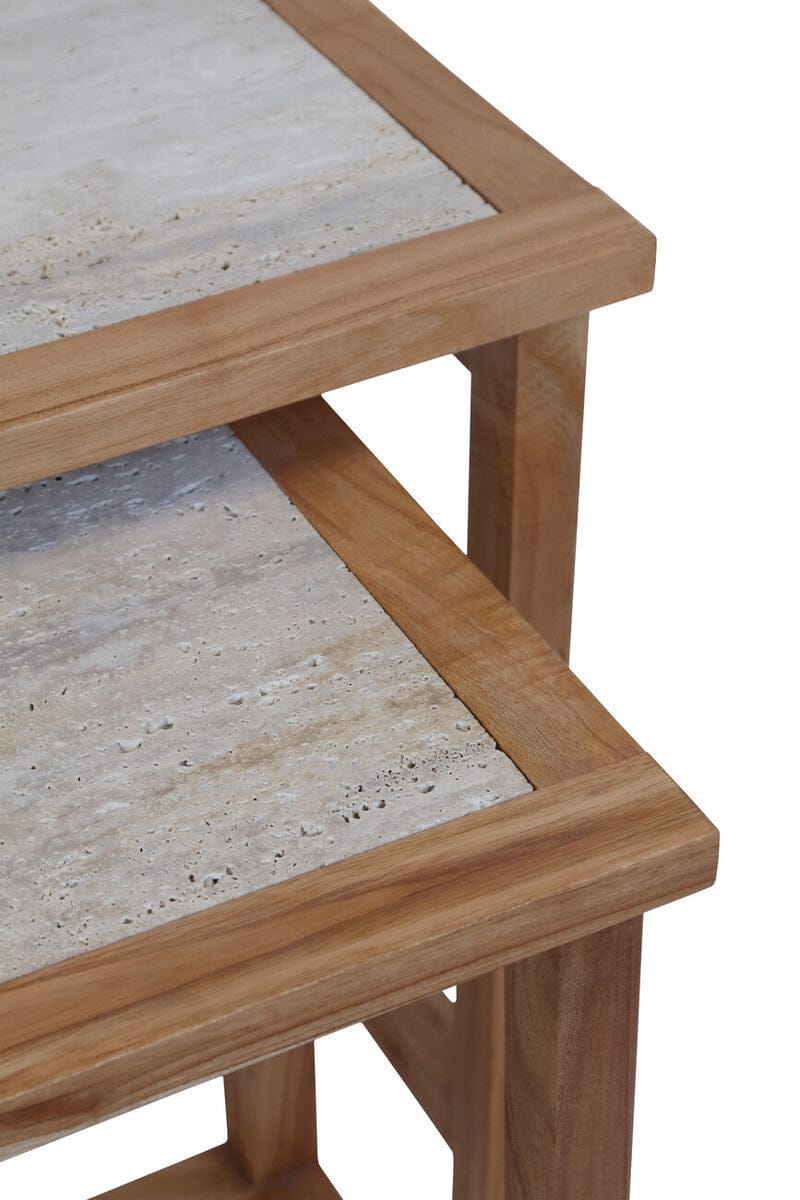 Hamilton Interiors Living Womad Large Set Of 2 Wooden Side Tables With Travertine Tops House of Isabella UK