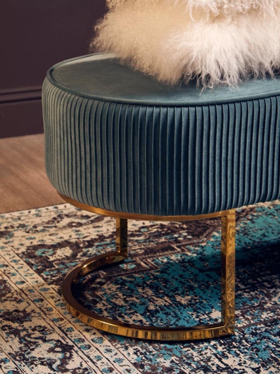 Hamilton Interiors Living Zamora Green Velvet Ottoman Bench With Gold Finish Legs House of Isabella UK