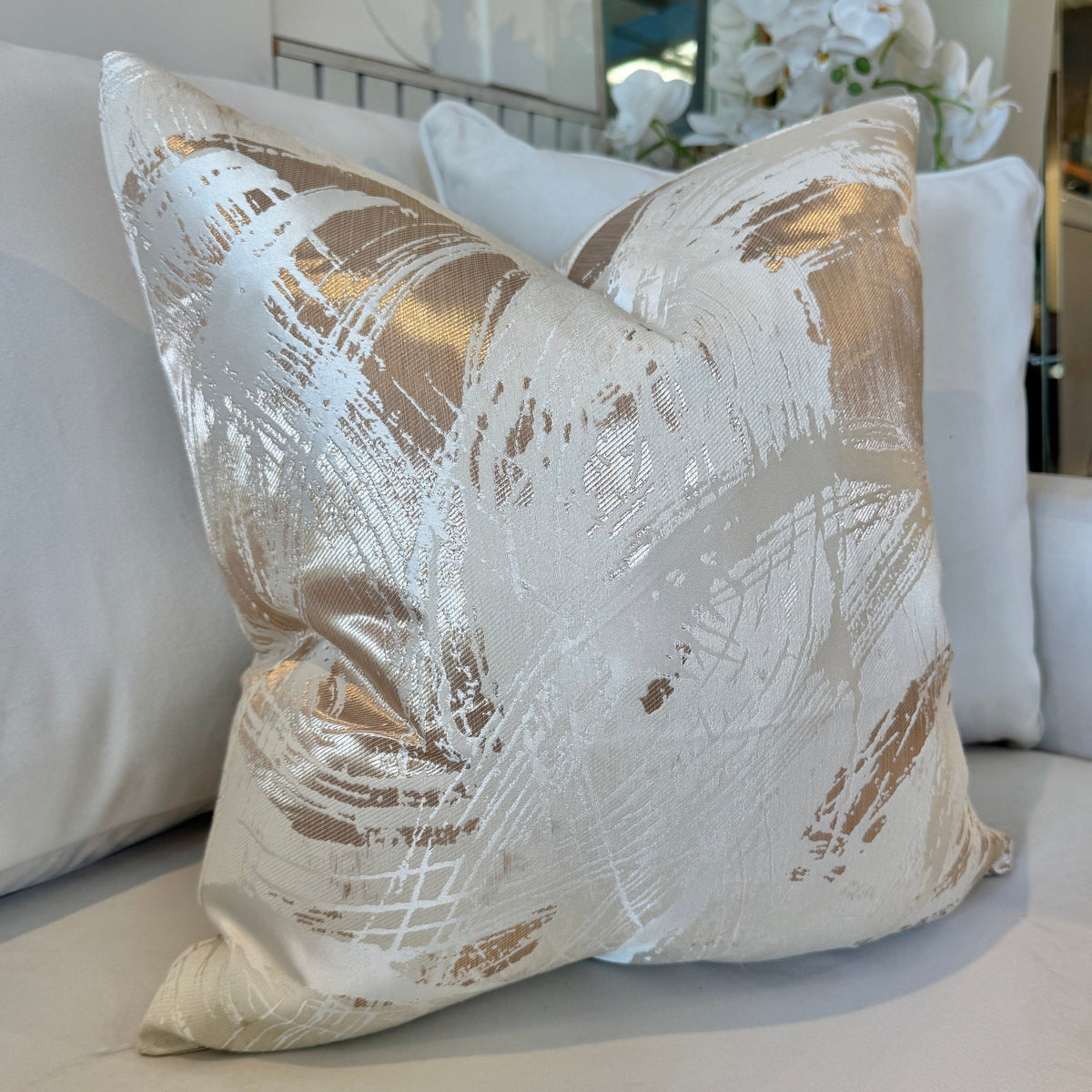 Harlow Cream & Gold Metallic Abstract Cushion - 50x50cm