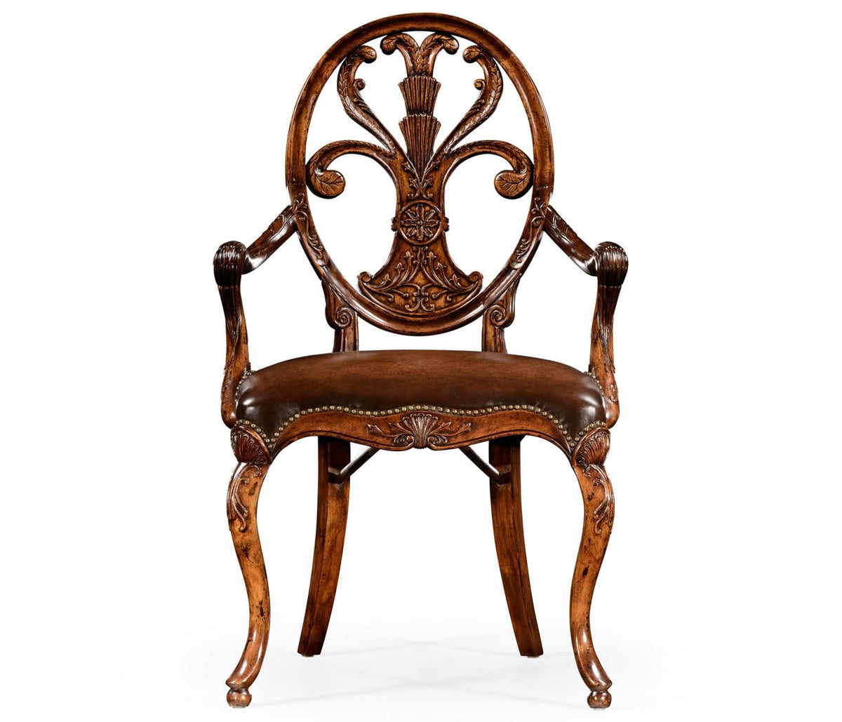 Jonathan Charles Dining Dining Armchair Sheraton in Walnut - Antique Chestnut Leather House of Isabella UK