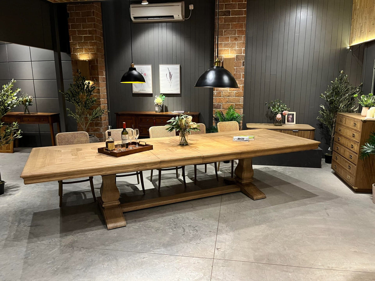 Keiichi Dining Bath Extending Oak Parquet Dining Table 180-280cm House of Isabella UK