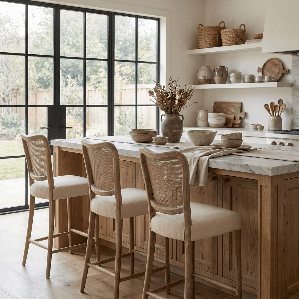 Keiichi Dining Chadlington Rattan and Natural Linen Counter Stool House of Isabella UK