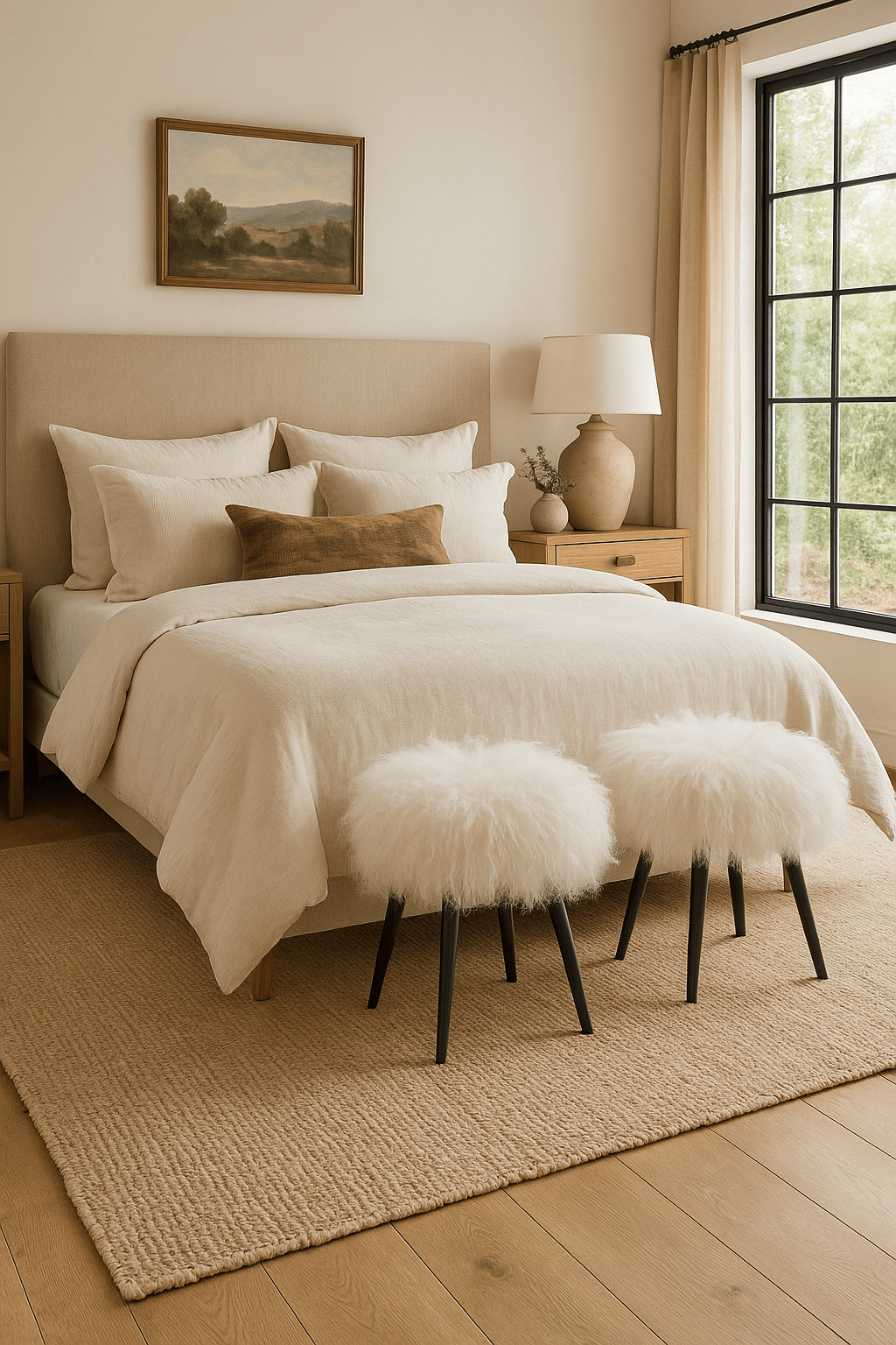 Keiichi Living Baaarb Stool in White Faux Sheepskin House of Isabella UK