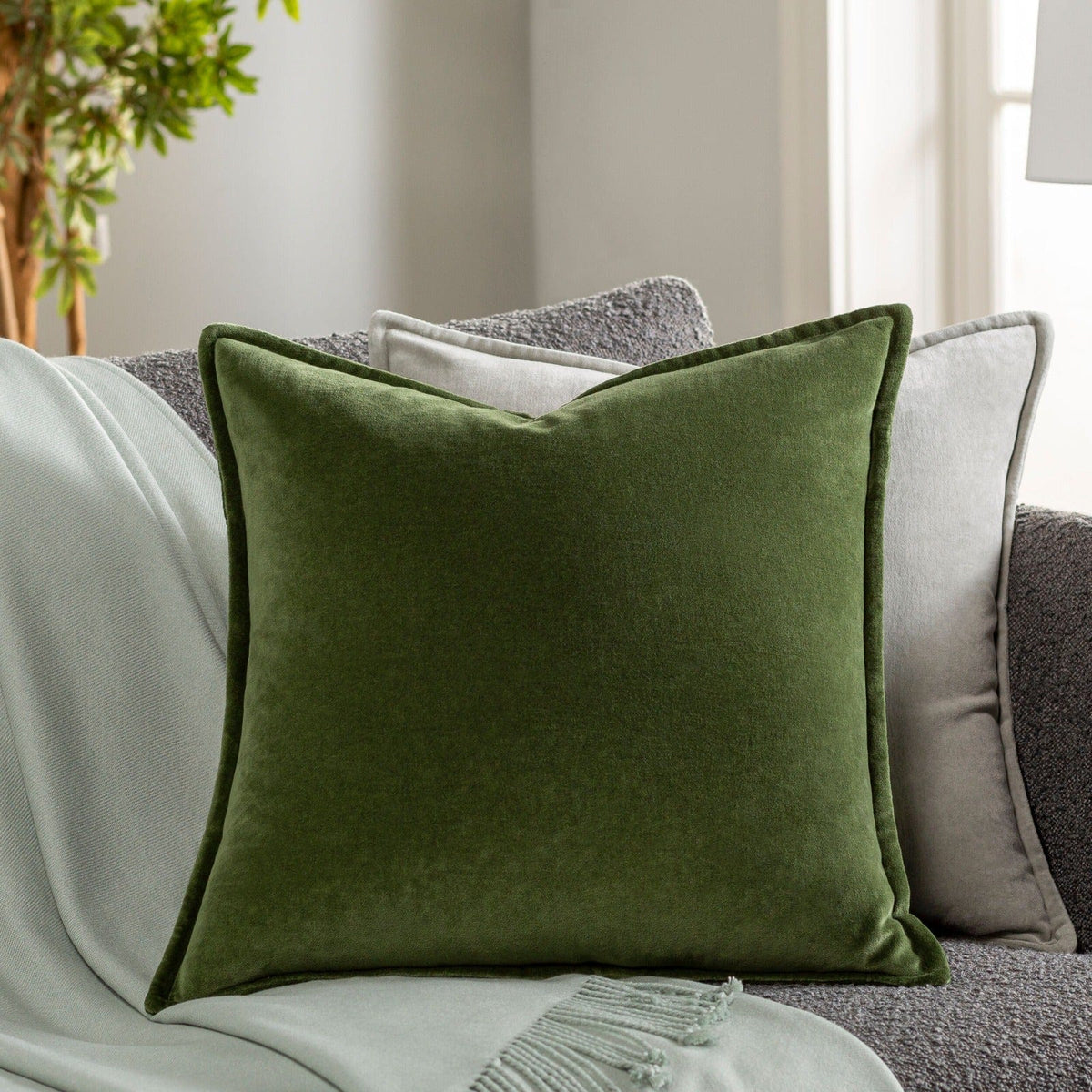 Keiichi Living Cotton Velvet Cushion in Olive - 51 x 51 cm House of Isabella UK