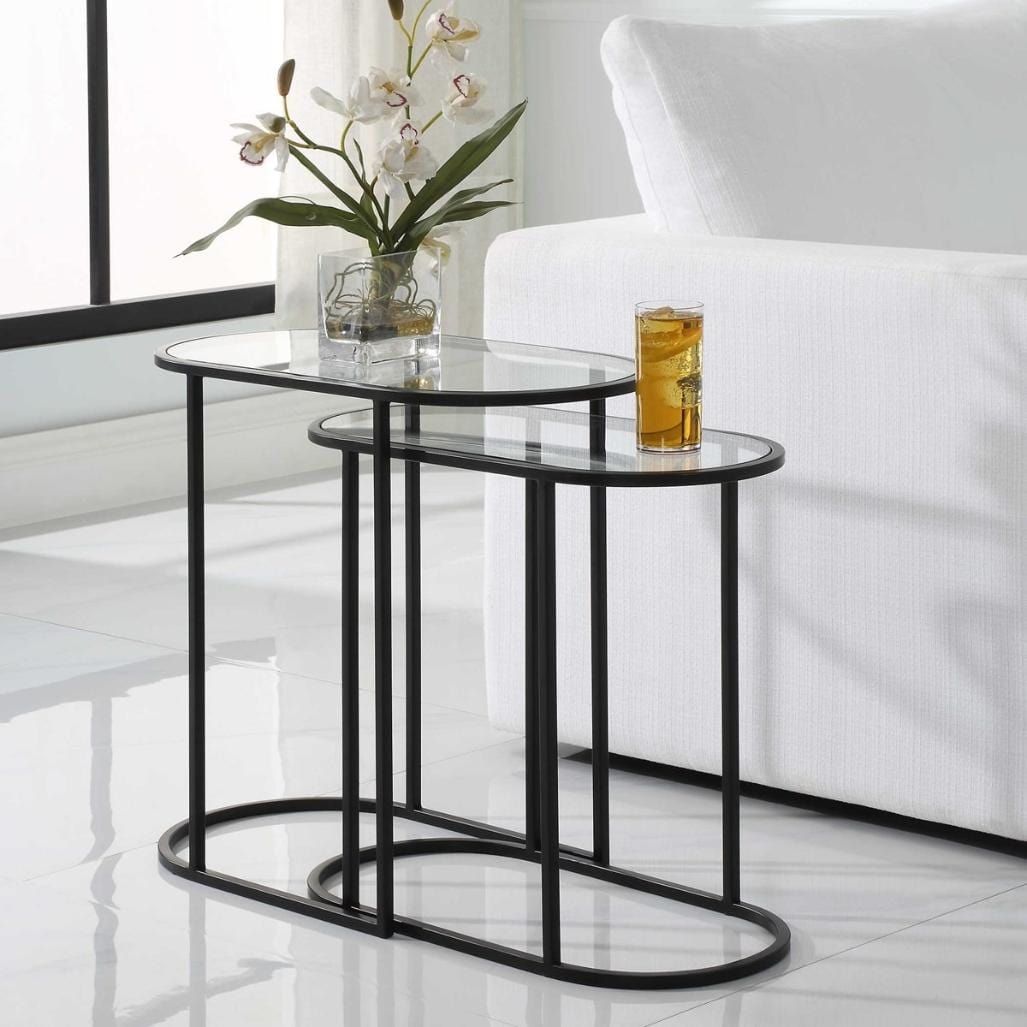Keiichi Living Slide Nesting Side Tables Black and Glass House of Isabella UK