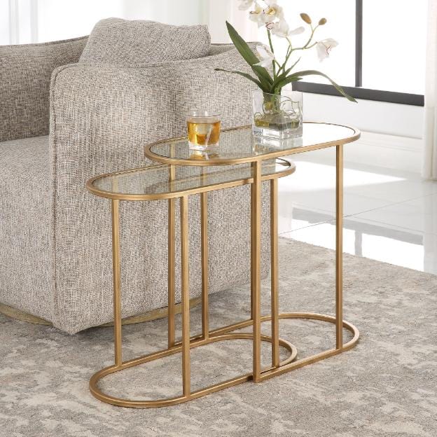 Keiichi Living Slide Nesting Side Tables Brass & Glass House of Isabella UK