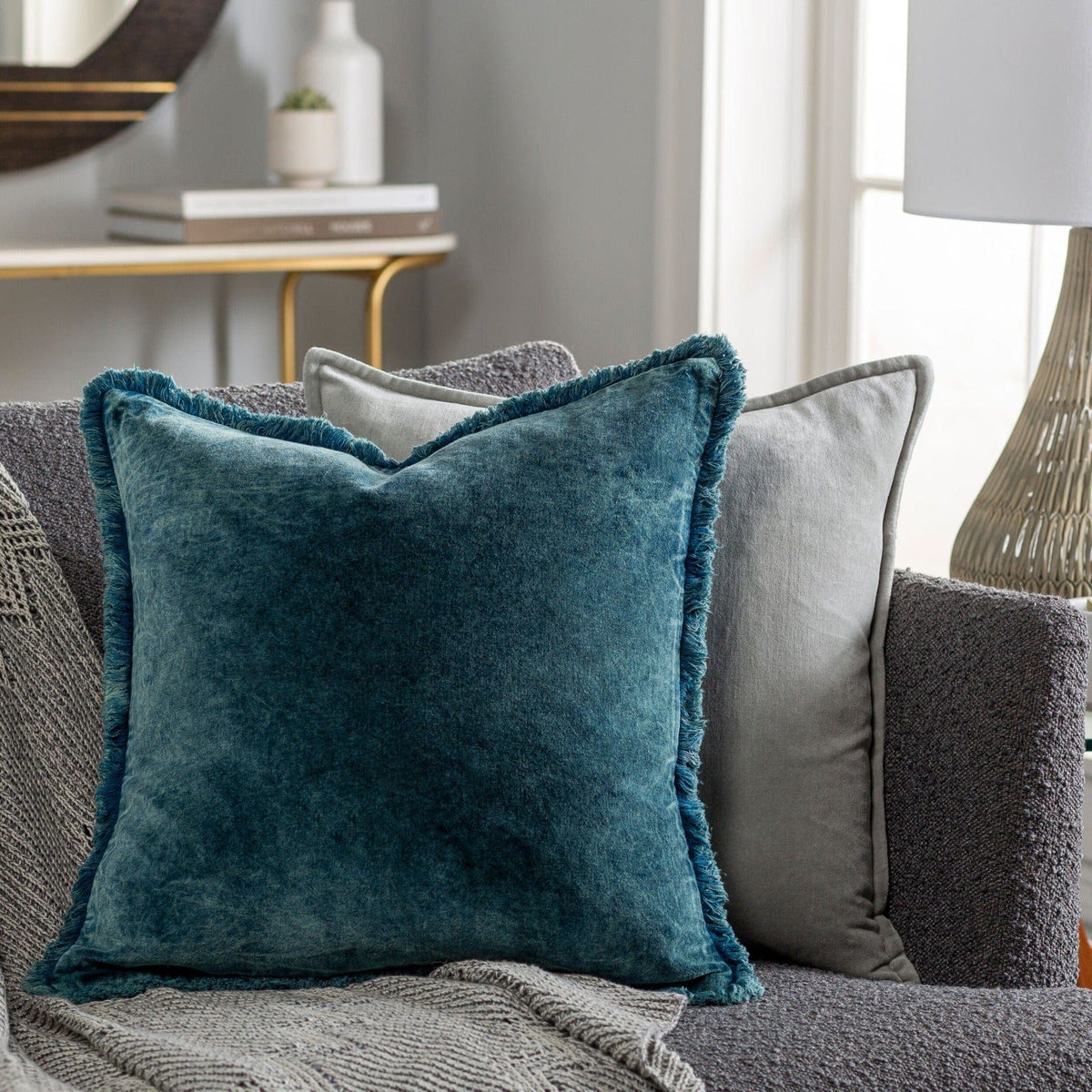 Keiichi Living Washed Cotton Velvet Woven Cushion in Ocean - 51 x 51 cm House of Isabella UK