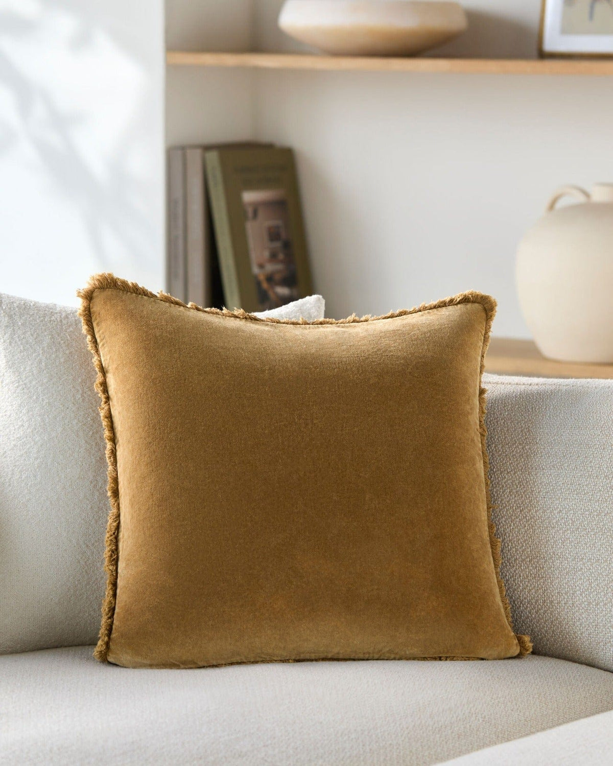 Keiichi Living Washed Cotton Velvet Woven Cushion in Ochre - 51 x 51 cm House of Isabella UK