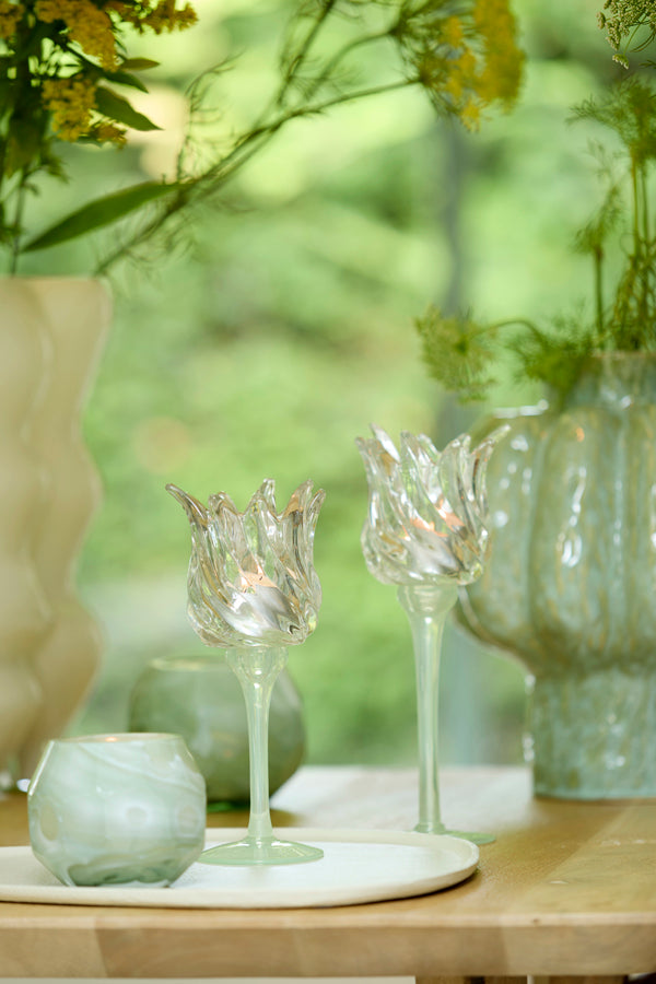Light & Living Accessories Tealight on base 9,5x21 cm FLORA glas matt mint green+clear House of Isabella UK