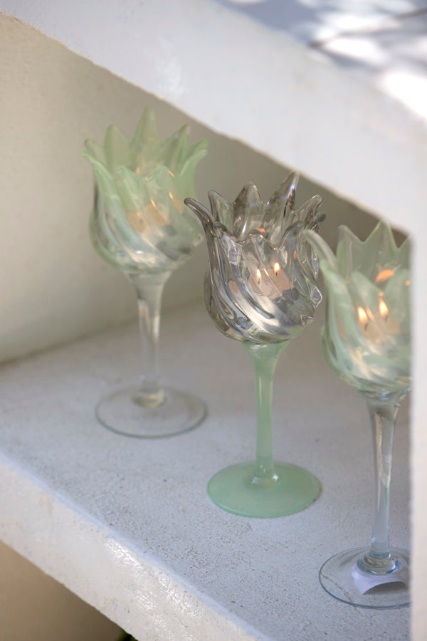 Light & Living Accessories Tealight on base 9,5x21 cm FLORA glas matt mint green+clear House of Isabella UK