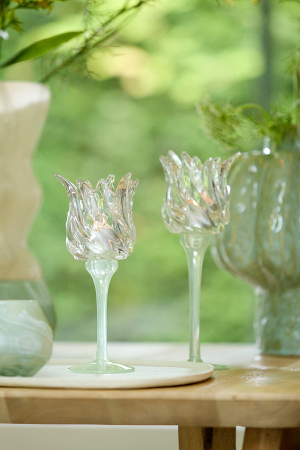 Light & Living Accessories Tealight on base 9,5x24 cm FLORA glas matt mint green+clear House of Isabella UK