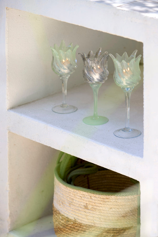 Light & Living Accessories Tealight on base 9,5x24 cm FLORA glass clear+mtt mint green House of Isabella UK