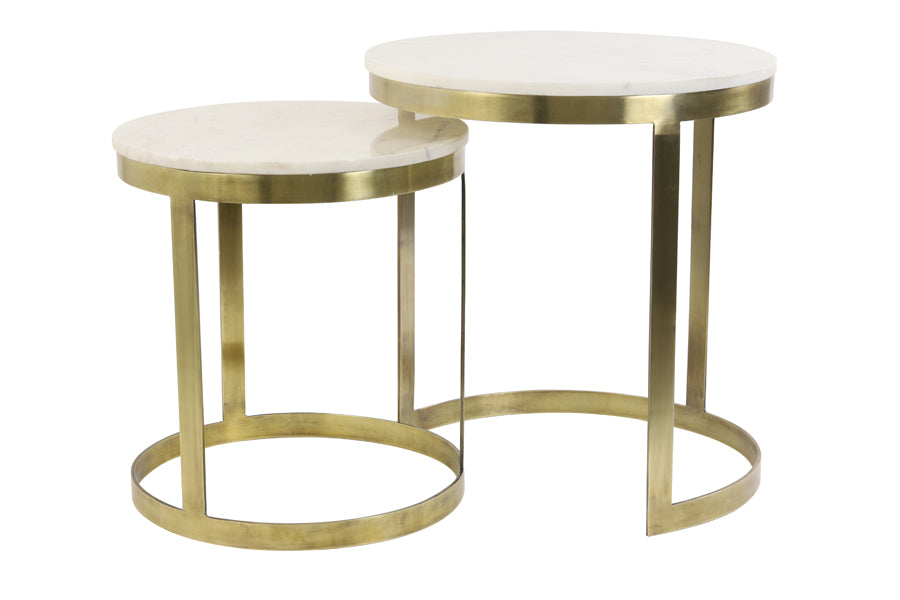 Light & Living Living Side table S/2 41x46+49x52 cm PERLATO marble whte+ant brnz House of Isabella UK