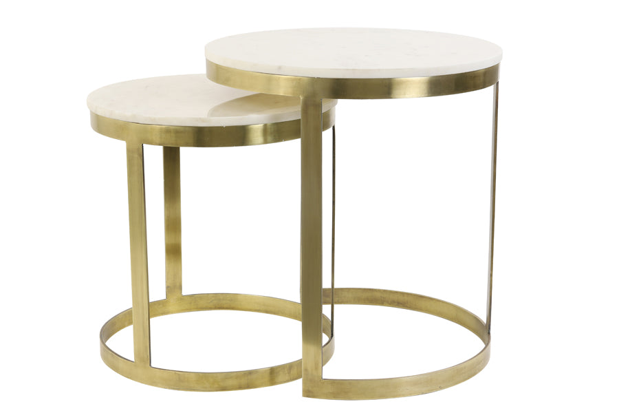 Light & Living Living Side table S/2 41x46+49x52 cm PERLATO marble whte+ant brnz House of Isabella UK
