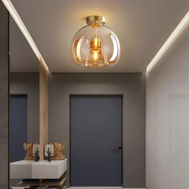 Light My House Attached Ceiling / Amber Dome Semi-Flush Glass Ceiling Light E27 Black Gold Bedroom Bathroom House of Isabella UK