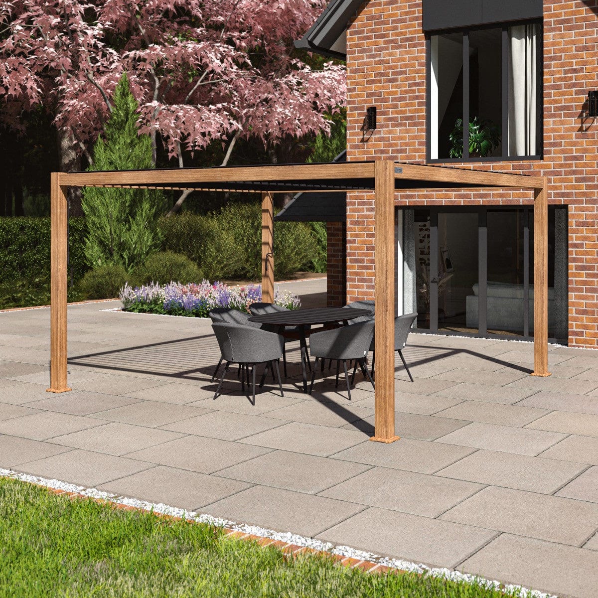 Maze Outdoors Como Pergola Aluminium Square 40x40 / Wood Effect Frame House of Isabella UK