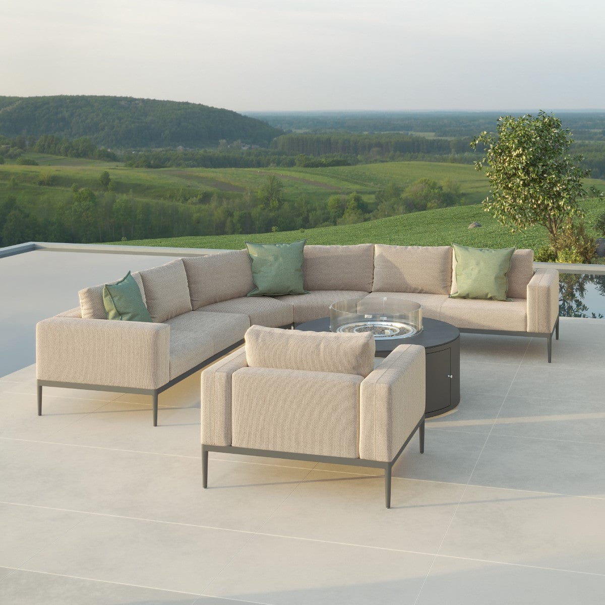 Maze Outdoors Eve Grande Corner Sofa Group With Round Fire Pit Coffee Table / Oatmeal House of Isabella UK