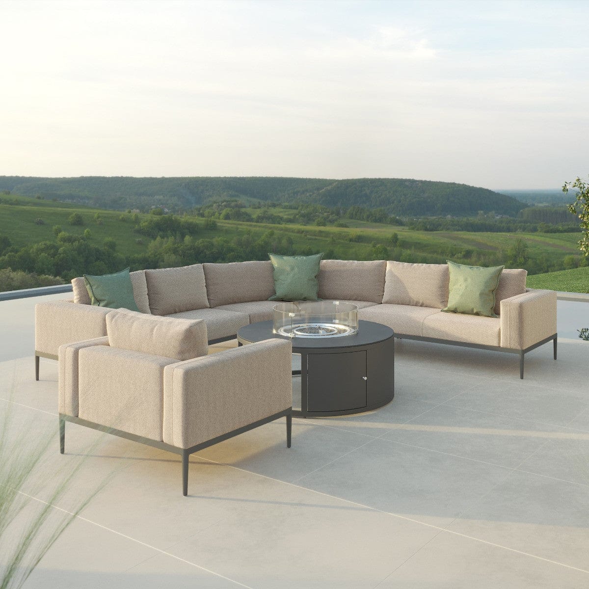 Maze Outdoors Eve Grande Corner Sofa Group With Round Fire Pit Coffee Table / Oatmeal House of Isabella UK