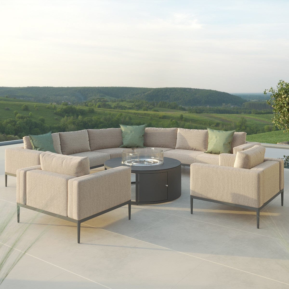 Maze Outdoors Eve Grande Corner Sofa Group With Round Fire Pit Coffee Table / Oatmeal House of Isabella UK