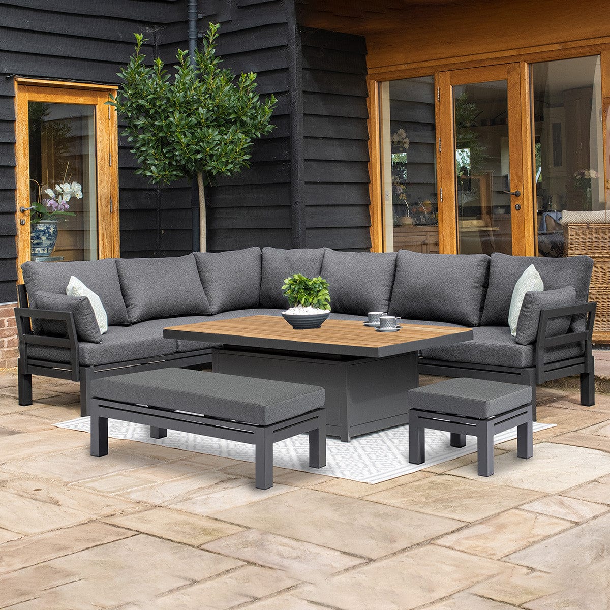 Maze Outdoors Oslo Corner Group with Teak Rising Table / Charcoal House of Isabella UK