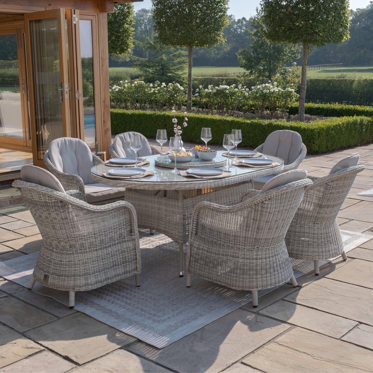Maze Outdoors Oxford 6 Seat Oval Dining Set with Heritage Chairs & Woven Lazy Suzan House of Isabella UK