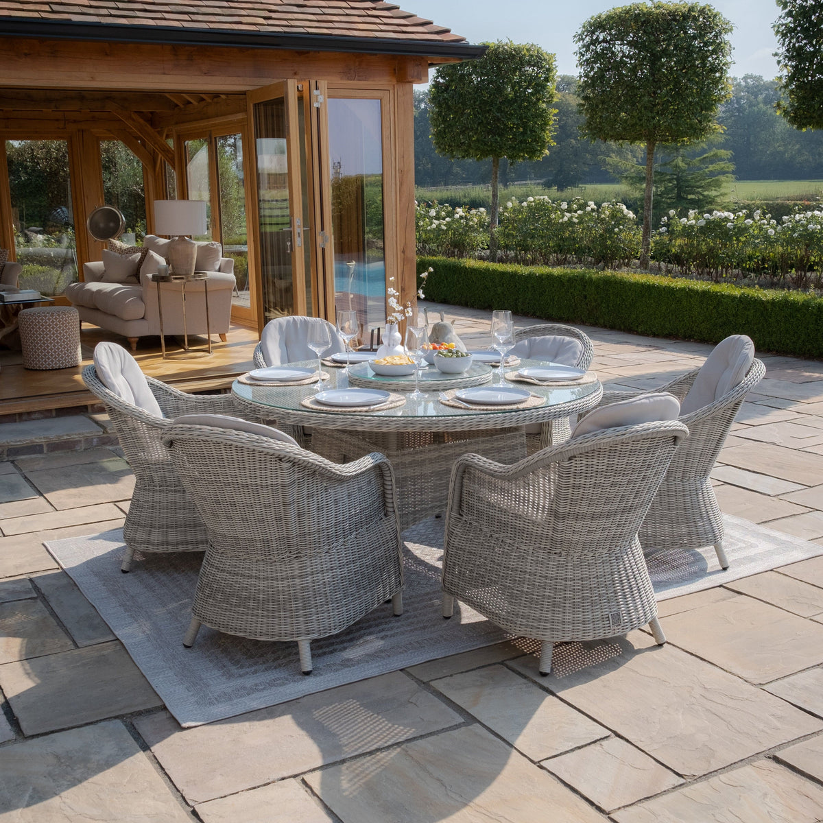 Maze Outdoors Oxford 6 Seat Round Dining Set with Heritage Chairs & Woven Lazy Suzan House of Isabella UK