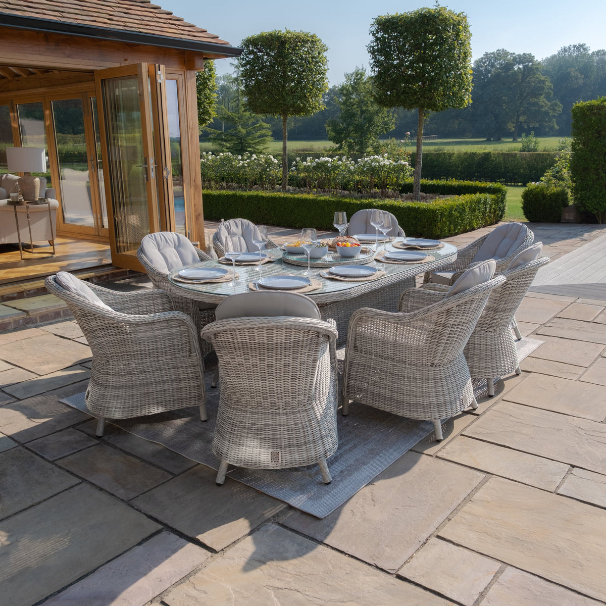 Maze Outdoors Oxford 8 Seat Oval Dining Set with Heritage Chairs & Woven Lazy Susan House of Isabella UK