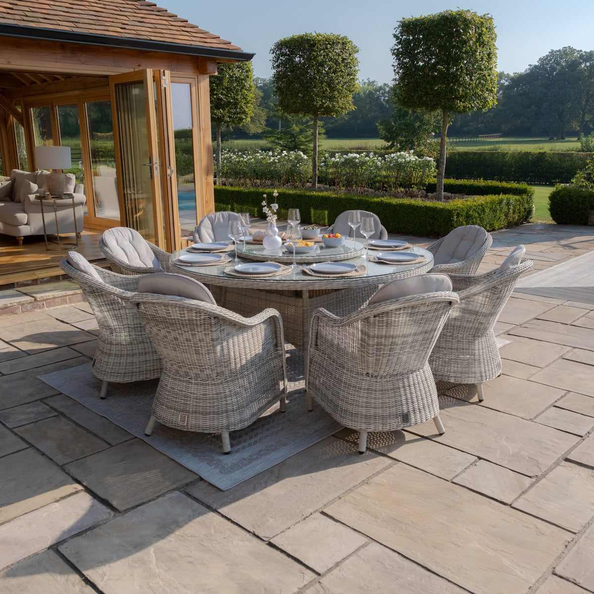 Maze Outdoors Oxford 8 Seat Round Dining Set with Heritage Chairs & Woven Lazy Susan House of Isabella UK