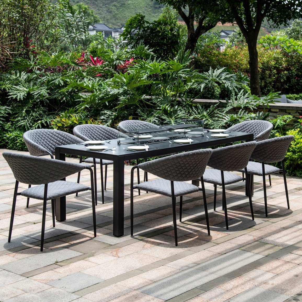 Maze Outdoors Pebble 8 Seat Rectangular Dining Set - Fire Pit Table / Flanelle House of Isabella UK