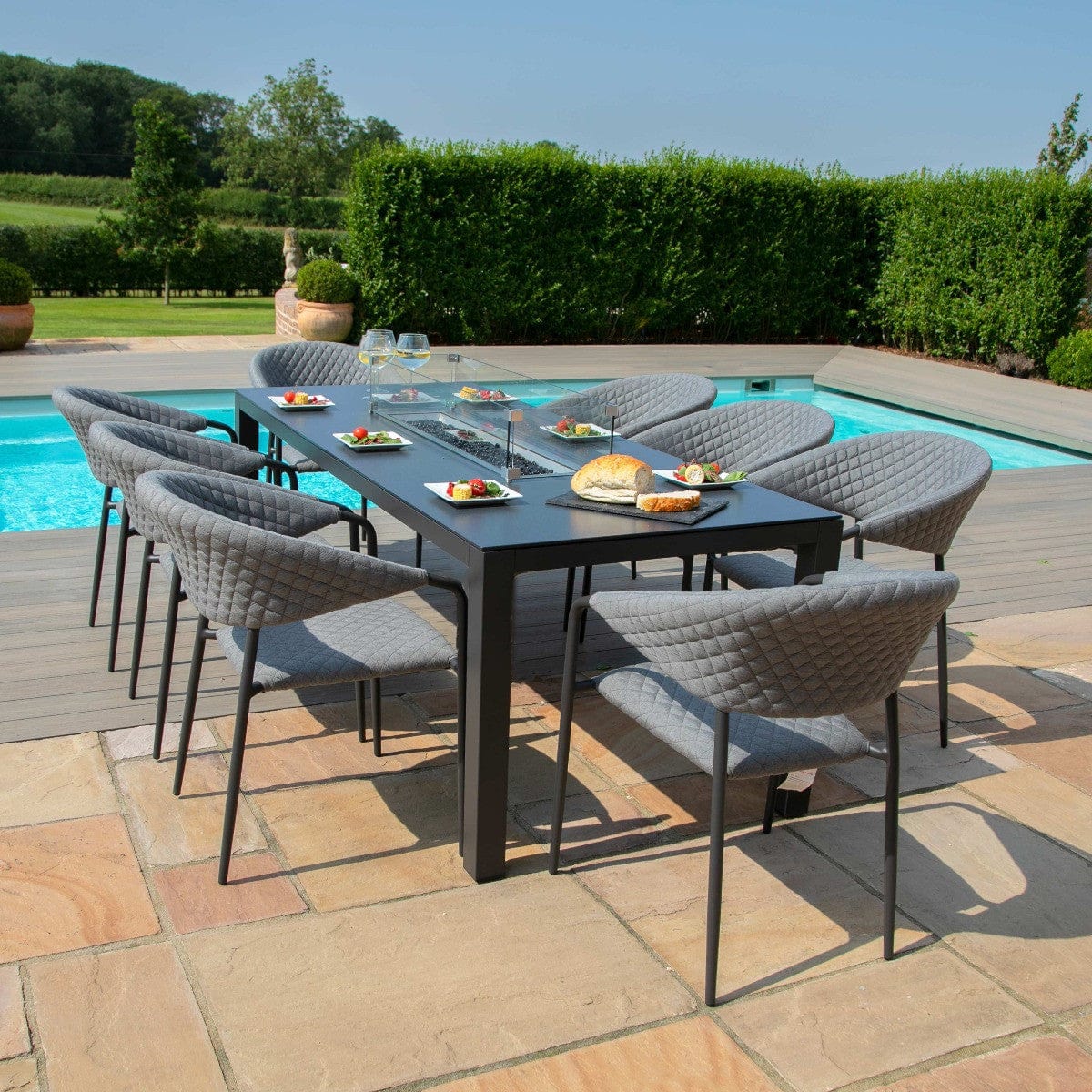 Maze Outdoors Pebble 8 Seat Rectangular Dining Set - Fire Pit Table / Flanelle House of Isabella UK