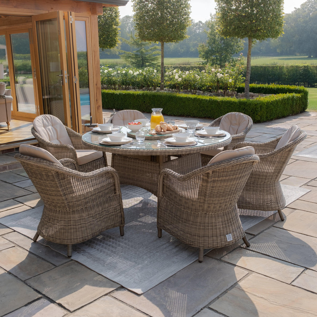 Maze Outdoors Winchester 6 Seat Round Dining Set with Heritage Chairs & Woven Lazy Suzan House of Isabella UK