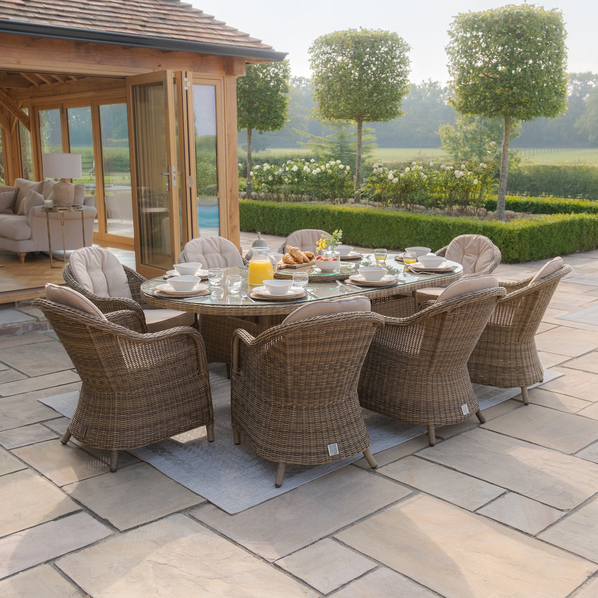 Maze Outdoors Winchester 8 Seat Oval Dining Set with Heritage Chairs & Woven Lazy Susan House of Isabella UK