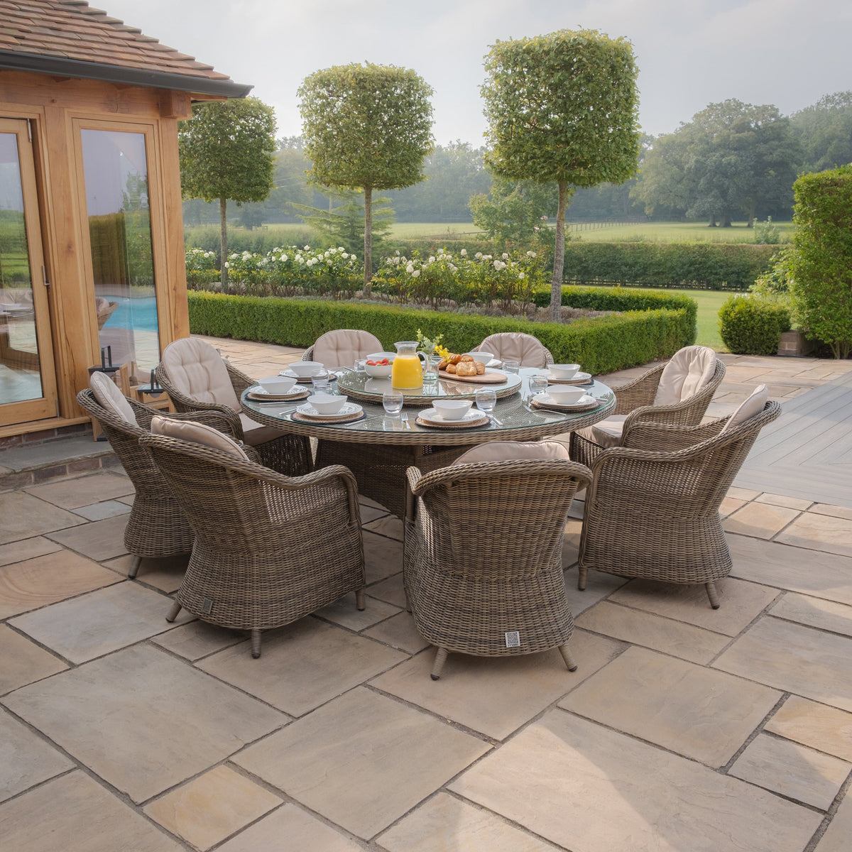 Maze Outdoors Winchester 8 Seat Round Dining Set with Heritage Chairs & Woven Lazy Susan House of Isabella UK