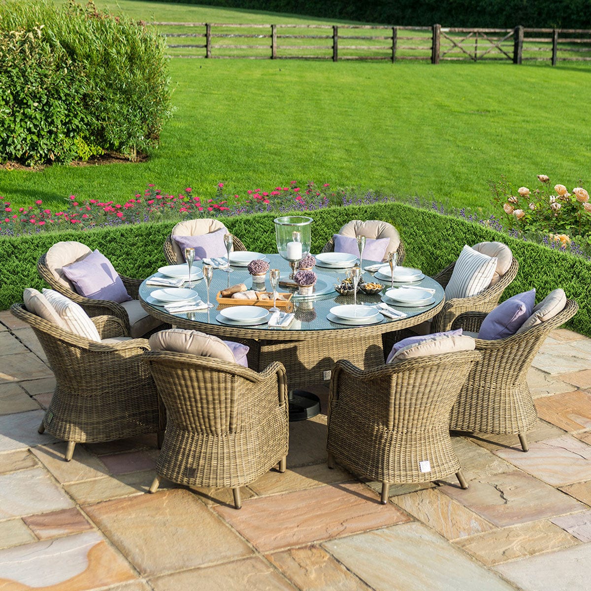 Maze Outdoors Winchester 8 Seat Round Ice Bucket Dining Set with Heritage Chairs Lazy Susan House of Isabella UK