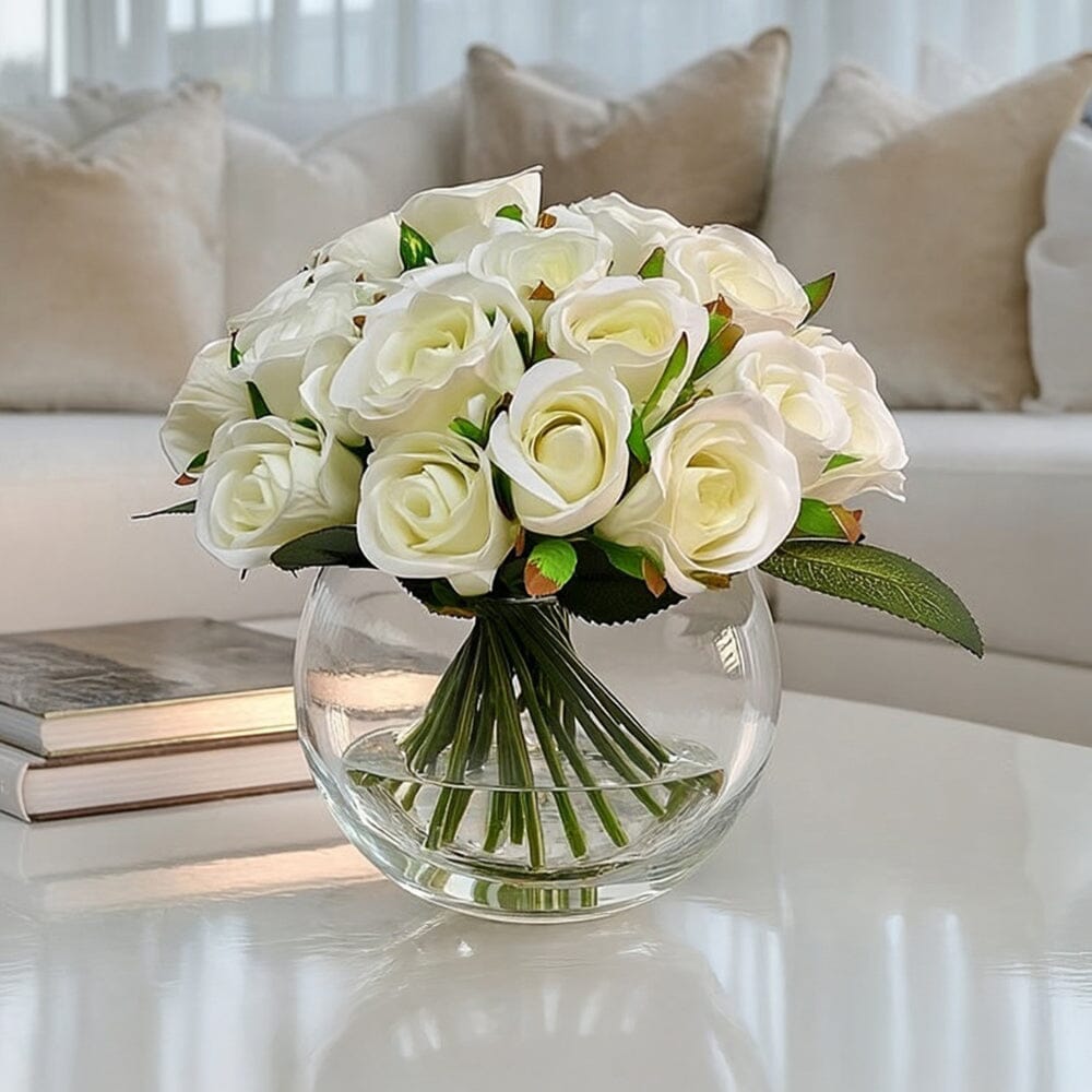 Medium Cream Faux Rose Arrangement in Fishbowl Vase