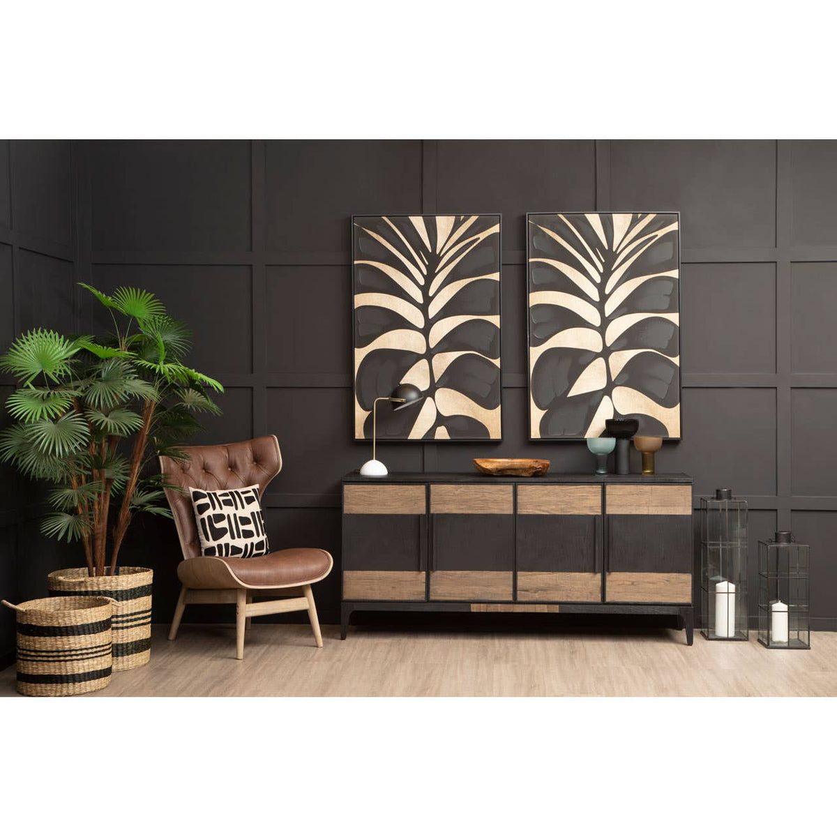 Astratto Canvas Black Leaf Design Wall Art.